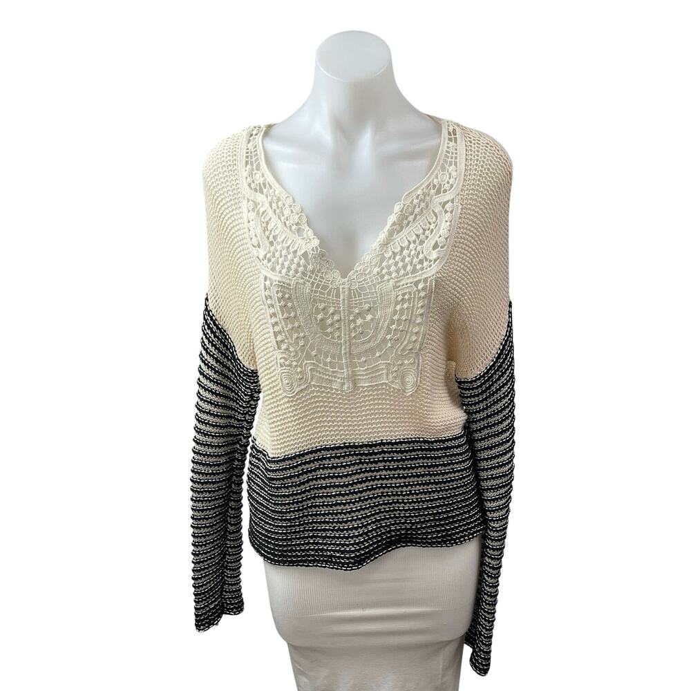 Sloane Rouge Women's Color Block Crochet V Neck Dolman Sleeve Boho Sweater Top S